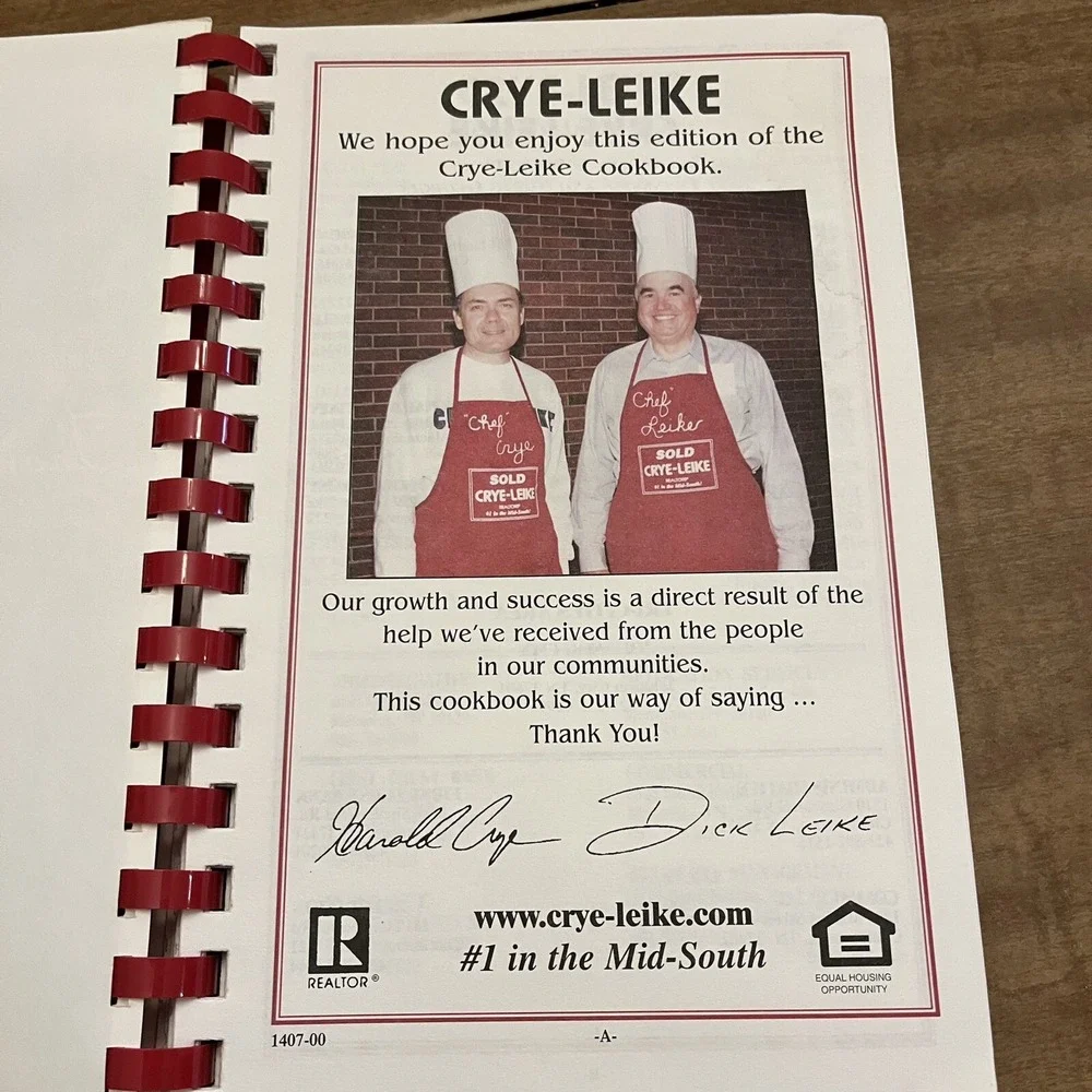 VTG Food for Thought Crye-Leike Regional Cookbook Tennessee Mid-South Comb Bound